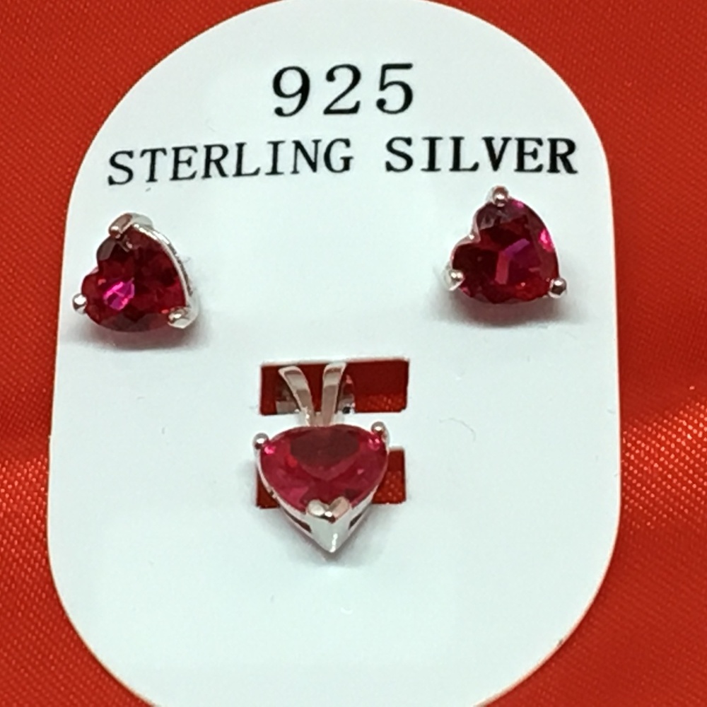 Sterling Silver Ruby CZ Heart Earrings and Pendant
